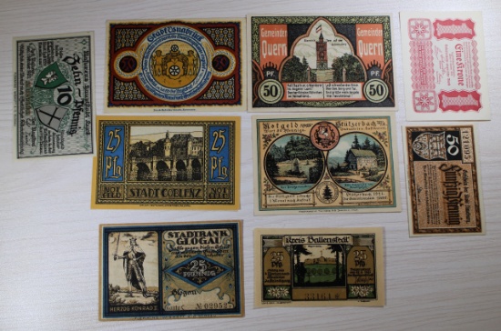 9 pcs- Notgeld Emergency Currency, 10/25/50 Pfennig, sells times the money