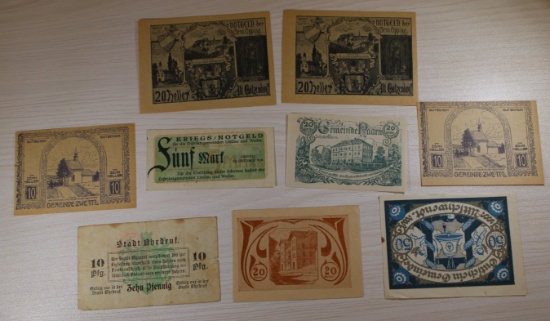 9 pcs- Notgeld Collection, Various Denominations and Issuers, 1920s, sells times the money