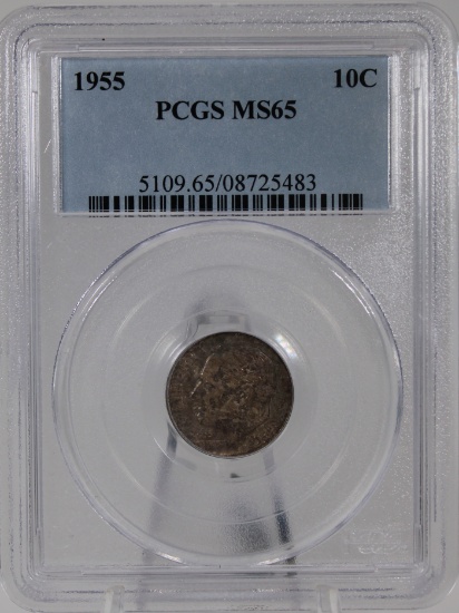 1955 Roosevelt Dime in PCGS MS65 Holder, 90% Silver