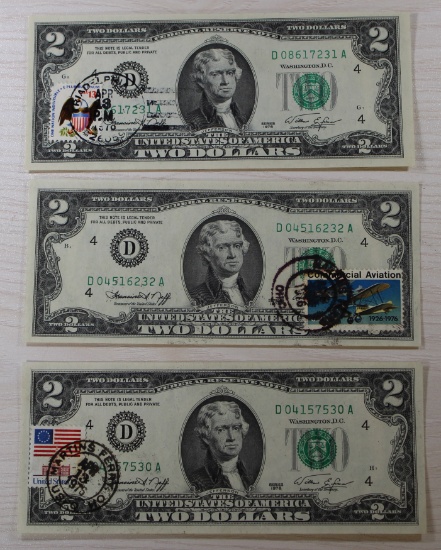 3- 1976 $2.00 Banknotes w/ sequential serial numbers and First Day Stamps, sells times the money