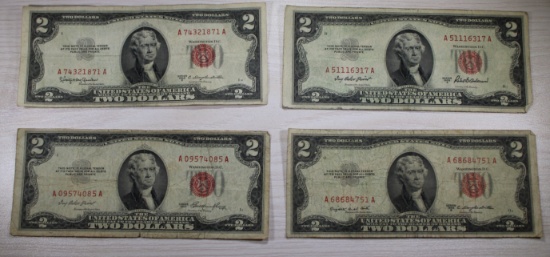 4- 1953 Red Seal $2.00 US notes, 1953, A,B,C, sells times the money