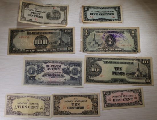 9- Japanese Government WWII Era Currency Notes, Various Denominations, sells times the money