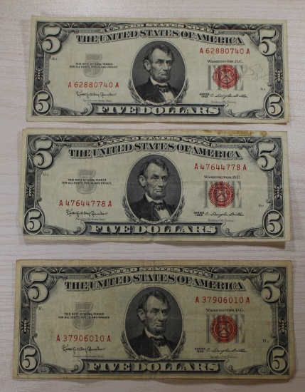 3- 1963 U.S. $5 Red Seal Bills, sells times the money