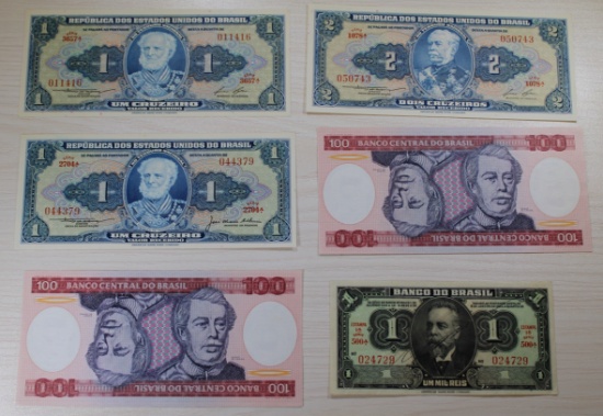 6- Brazilian Cruzeiro Banknotes, 1, 2, 100, and 1000 Denominations, sells times the money