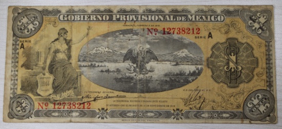1915 Mexican Un Peso Banknote, Gobierno Provisional de MÃ©xico