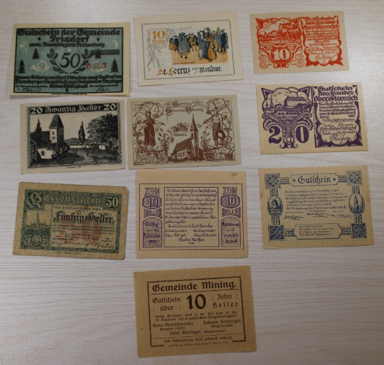 10 pcs- German Notgeld, Various Denominations, 1920s, Historical Currency, sells times the money