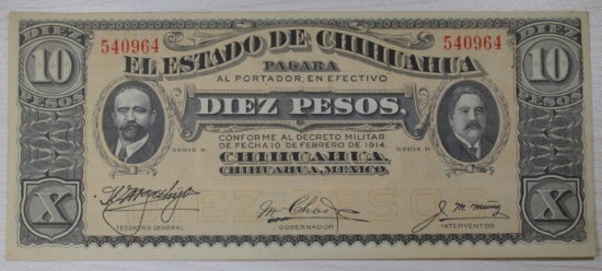 1914 Mexican 10 Pesos Banknote Issued by El Estado de Chihuahua