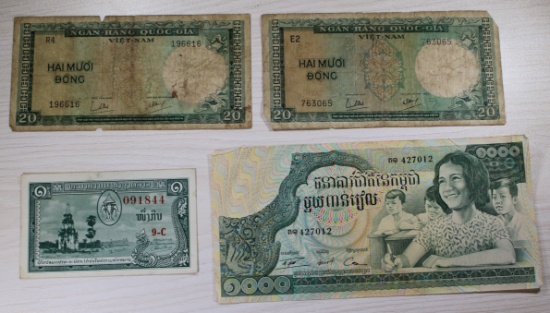 4 pcs- Vintage Vietnam 20 Dong, Laos 1 Kip, Cambodia 1000 Riels Currency, sells times the money