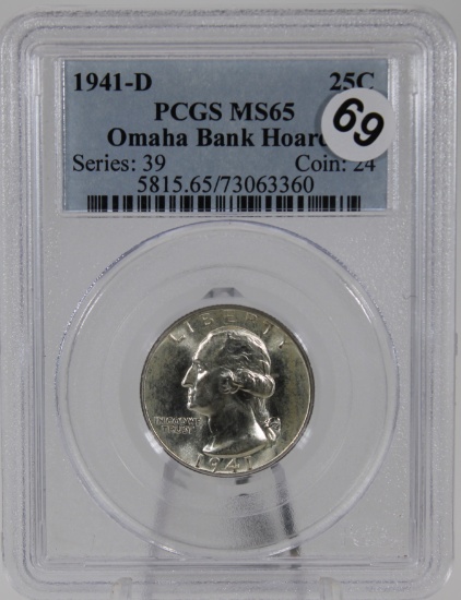 1941-D Washington Quarter in PCGS MS65 "Omaha Bank Hoard" Holder