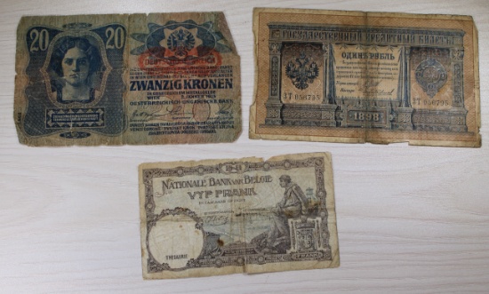3- Austro-Hungarian 20 Kronen, Russian 1 Ruble, Belgian 20 Francs Notes, sells times the money