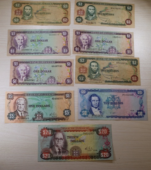 9 Pics- Bank of Jamaica Currency Collection - $1, $2, $5, $10, $20 Notes, sells times the money