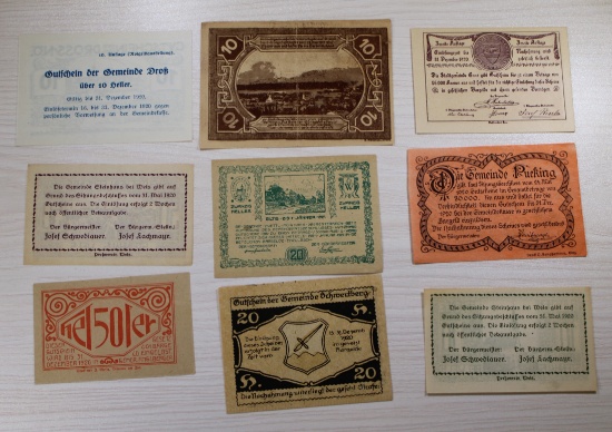 9 pcs- Notgeld Collection, Various Cities, 10/20/50 Heller, Austria/Germany, sells times the money