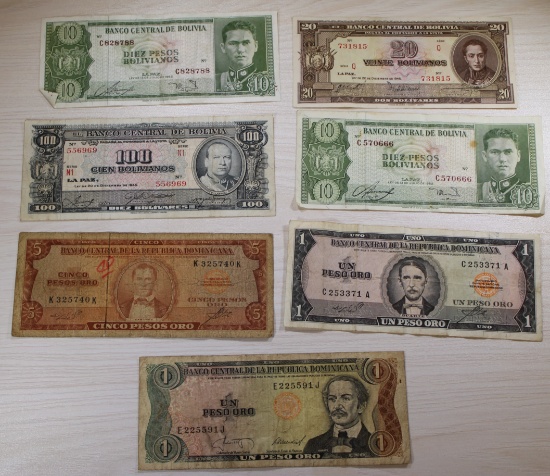 7 pcs- Bolivian and Dominican Republic Banknote Collection, sells times the money