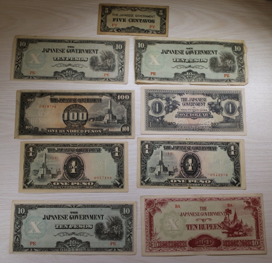 9- Japanese Government WWII Occupation Banknotes, 5 Centavos to 100 Pesos, sells times the money