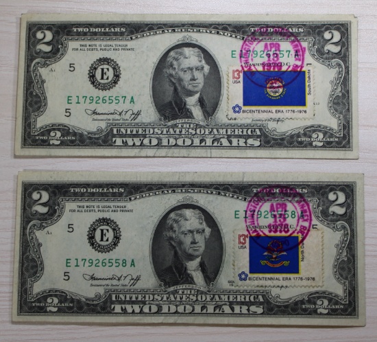 2- 1976 US $2.00 First Day Issue Banknotes, w/ sequential serial numbers, sells times the money