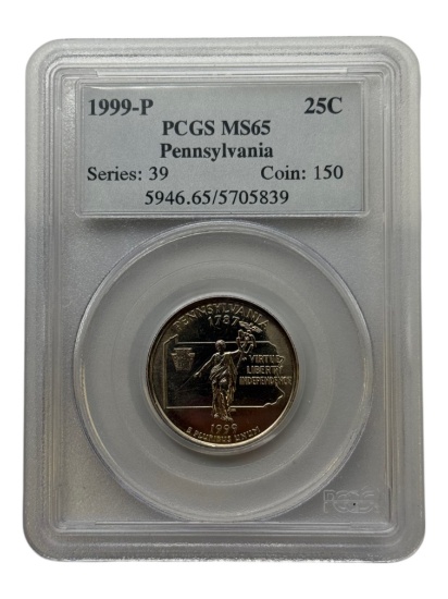 1999-P Pennsylvania State Quarter in PCGS MS65 Holder