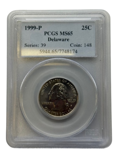 1999-P Delaware State Quarter in PCGS MS65 Holder