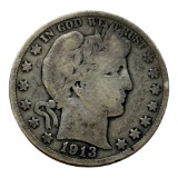 1913-S Barber Half Dollar Coin, 90% Silver
