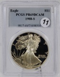 1988-S American Silver Eagle, PR69DCAM, 1 oz Fine Silver, PCGS Certified