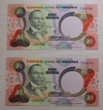 2- Nigerian One Naira Banknotes, w/ sequential serial numbers, sells times the money