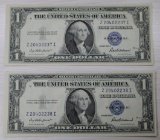 2- 1935F $1.00 Silver Certificates, w/ sequential serial numbers, sells times the money