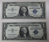 2- 1957 $1.00 Silver Certificates, w/ sequential serial numbers, sells times the money