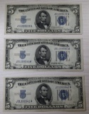 3- 1934 $5 U.S. Silver Certificates, Blue Seal w/ Consecutive Serial Numbers, sells times the money