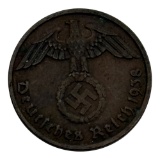 1938 German 2 Reichspfennig Coin, Bronze, Nazi Era