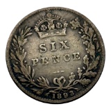 1893 United Kingdom Six Pence Coin, Silver, Queen Victoria Design
