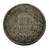 1860 Switzerland 1 Franc Coin, Silver
