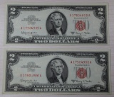 2- 1963A U.S. Two Dollar Bills, w/ consecutive Serial Numbers, sells times the money