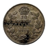 1918 Canada 10 Cents Coin, Silver Composition, King George V