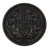 1870 Luxembourg 5 Centimes Coin, Bronze, Coat of Arms Design