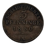 1850 Prussian 3 Pfennige Coin, Mint Mark A, Copper
