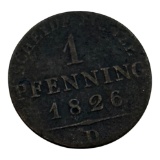 1826 German States Bavaria 1 Pfennig Coin, Mint Mark D, Copper