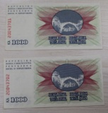 2-1992 Bosnia & Herzegovina 1000 Dinar Banknotes w/consecutive serial numbers, sells times the money