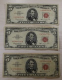 3- 1963 U.S. $5 Red Seal Bills, sells times the money