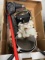 Miscellaneous Box Lot with Ceramic Figurine, Metal Cookware, Red Tool