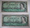 2- 1954 Series Canadian One Dollar Banknotes, Queen Elizabeth II Portrait, sells times the money
