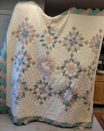 Vintage Hand-Stitched Star Pattern Quilt, Multi-Colored,  Approx 72 x 88 inches