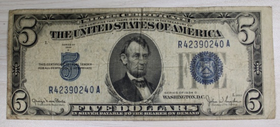 1934 D Series $5 Blue Seal Silver Certificate, United States