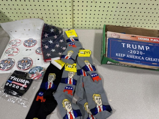 Trump 2020 Political Memorabilia Set with Socks, License Plates, Flag, and Buttons