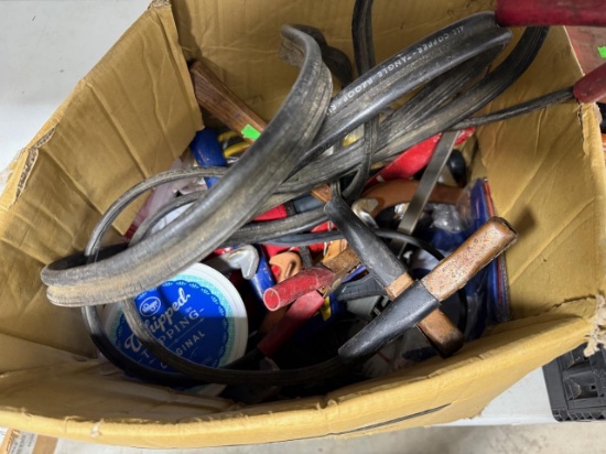 Box of Mixed Tools with Irwin Clamp, Jumper Cables, Pipe Wrench