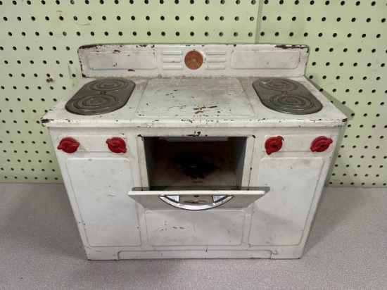 Vintage Toy Stove, Metal, White with Red Knobs