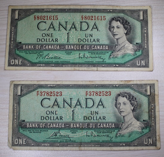 2- 1954 Series Canadian One Dollar Banknotes, Queen Elizabeth II Portrait, sells times the money