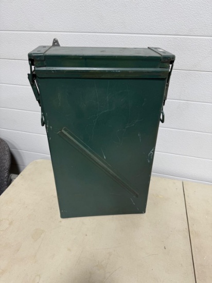 Large Metal Green Ammunition Box with Hinged Lid and Handle, approx 2 ft tall