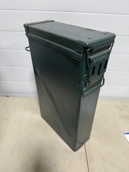 Large Metal Green Ammunition Box with Hinged Lid and Handle, approx 2 ft tall