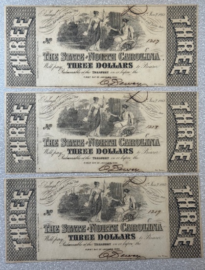 3- 1863 North Carolina Three Dollar Bill, with w/consecutive serial numbers, sells times the money
