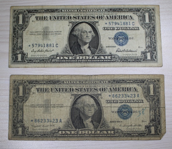 2- 1957 Blue Seal Silver Certificates, STAR NOTES, sells times the money
