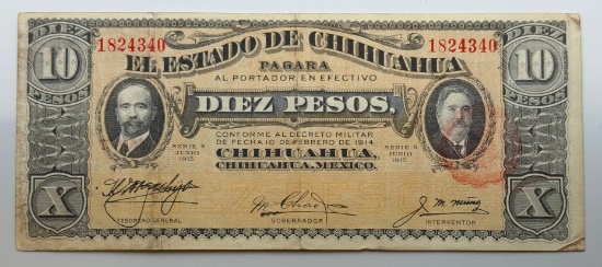 1915 Mexican 10 Pesos Banknote, State of Chihuahua